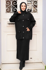 Modest Black Knitwear Dual Skirted Suit 50590S - 1