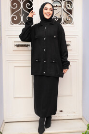 Modest Black Knitwear Dual Skirted Suit 50590S - 2