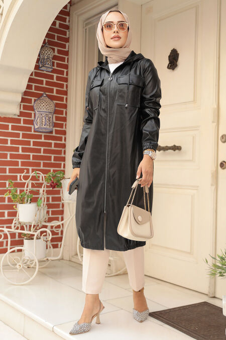 Modest Black Leather Coat 1503S - NEVA STYLE