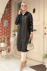 Modest Black Leather Coat 1503S - 3