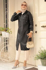 Modest Black Leather Coat 1503S - 2