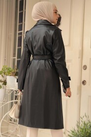 Modest Black Leather Coat 656S - 3