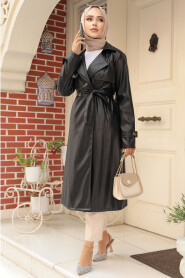 Modest Black Leather Coat 656S - 1