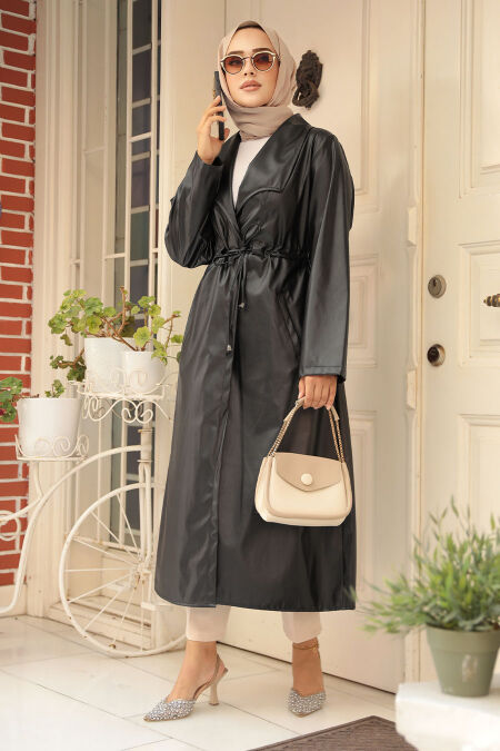 Modest Black Leather Coat 682S - Neva-style.com