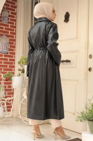 Modest Black Leather Coat 682S - 4