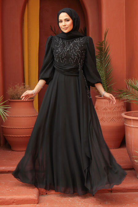 Modest Black Long Evening Dress 52021S - NEVA STYLE