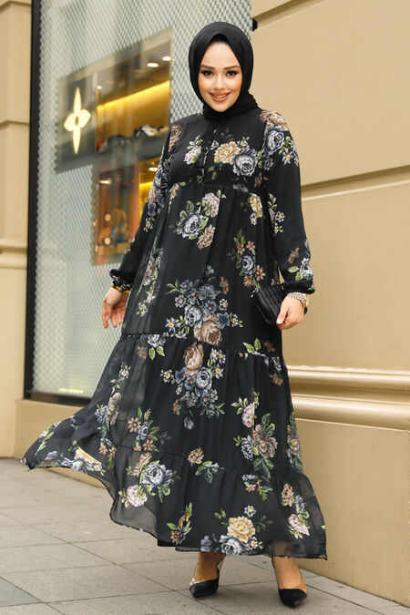 Modest Black Long Floral Dress 22052S - NEVA STYLE
