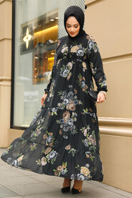 Modest Black Long Floral Dress 22052S - 3