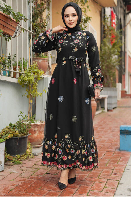 Modest Black Long Floral Dress 23234S - NEVA STYLE