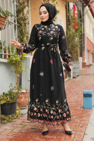 Modest Black Long Floral Dress 23234S - 2