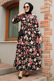 Modest Black Long Sleeve Floral Dress 35011S - 2