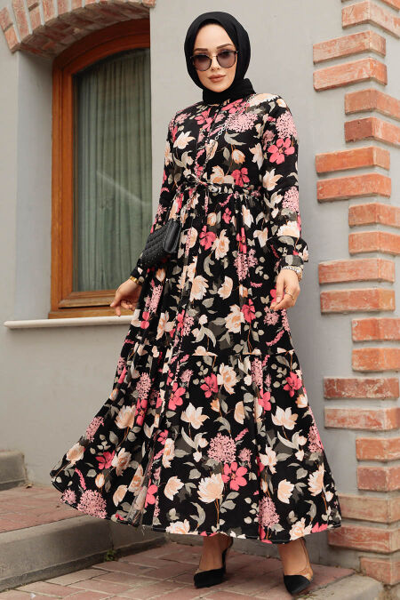 Modest Black Long Sleeve Floral Dress 35011S - NEVA STYLE
