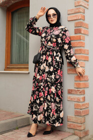 Modest Black Long Sleeve Floral Dress 35011S - 3