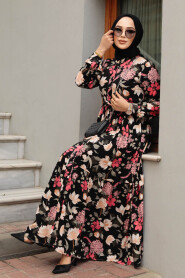 Modest Black Long Sleeve Floral Dress 35011S - 4