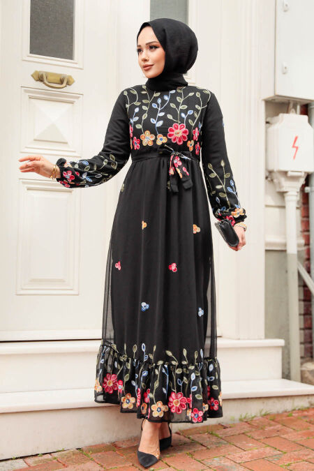 Modest Black Maxi Floral Dress 23232S - NEVA STYLE
