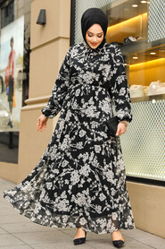 Modest Black Maxi Floral Dress 50352S - 1