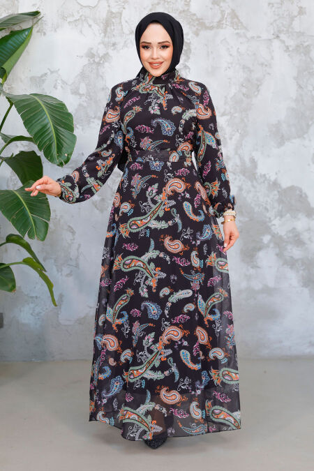 Modest Black Orange Floral Long Dress 52681ST - NEVA STYLE