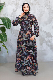 Modest Black Orange Floral Long Dress 52681ST - 2