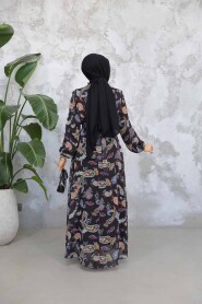 Modest Black Orange Floral Long Dress 52681ST - 3