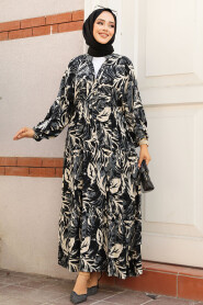 Modest Black Patterned Long Dress 23581S - 1