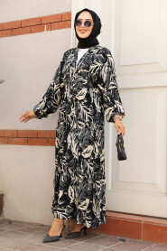 Modest Black Patterned Long Dress 23581S - 3