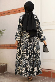 Modest Black Patterned Long Dress 23581S - 4