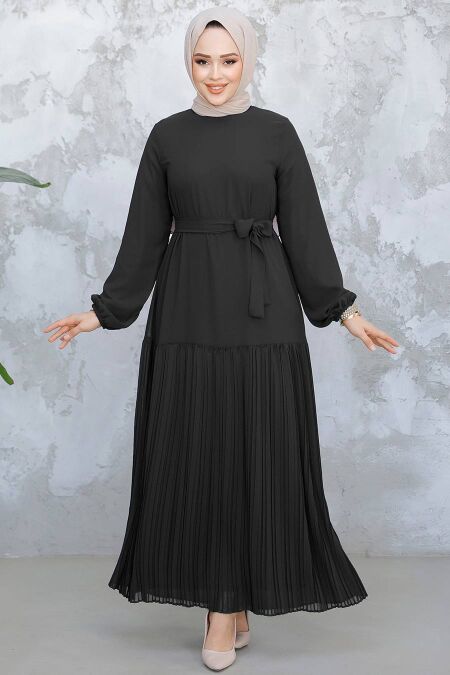 Modest Black Pleated Long Dress 23771S - NEVA STYLE