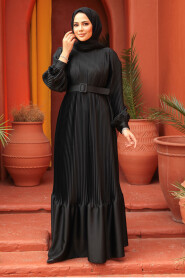 Modest Black Pleated Maxi Dress 43532S - 2
