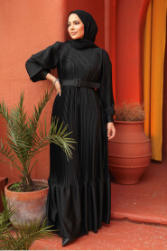 Modest Black Pleated Maxi Dress 43532S - 1