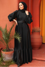 Modest Black Pleated Maxi Dress 43532S - 3