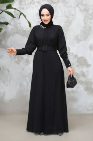 Modest Black Plus Size Pleated Dress 65879S - 2