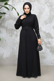 Modest Black Plus Size Pleated Dress 65879S 