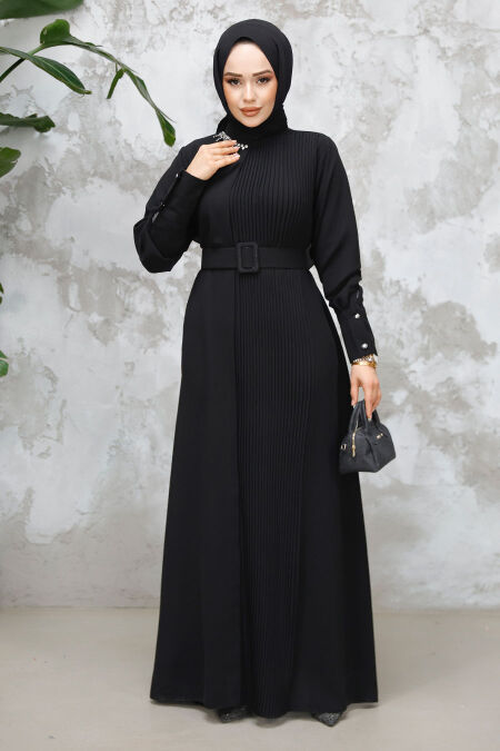 Modest Black Plus Size Pleated Dress 65879S - NEVA STYLE