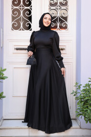 Modest Black Satin Bridesmaid Dress 23242S - 1