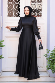 Modest Black Satin Bridesmaid Dress 23242S - 2