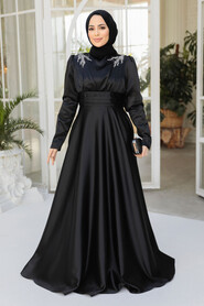 Modest Black Satin Bridesmaid Dress 25880S - 1