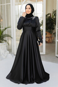 Modest Black Satin Bridesmaid Dress 25880S - 2