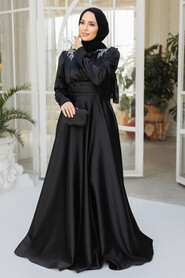 Modest Black Satin Bridesmaid Dress 25880S - 3