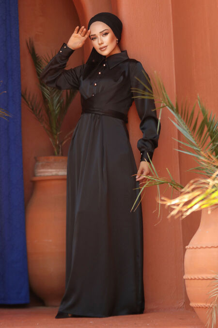 Modest Black Satin Dress 45661S - NEVA STYLE