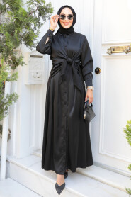 Modest Black Satin Dress 61021S - 2