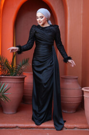 Modest Black Satin Engagement Dress 52151S - 1