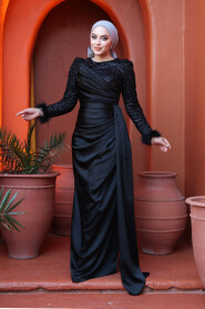 Modest Black Satin Engagement Dress 52151S - 2