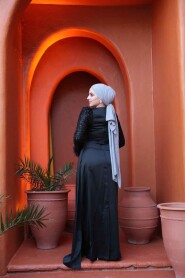 Modest Black Satin Engagement Dress 52151S - 4