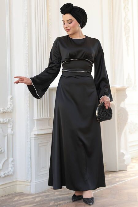 Modest Black Satin Engagement Dress 61592S - NEVA STYLE