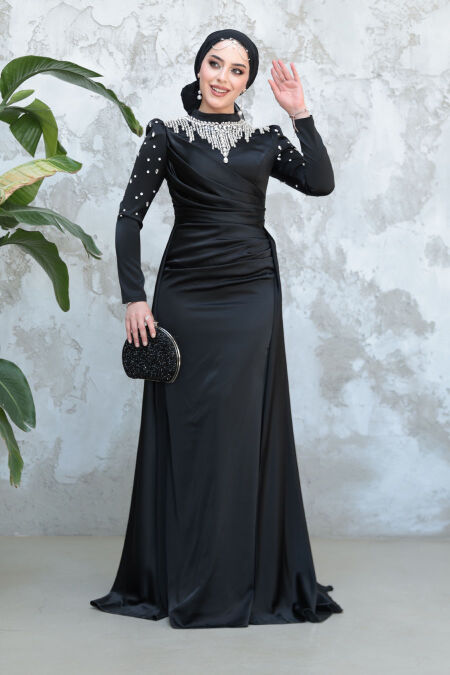 Modest Black Satin Engagement Gown 51312S - NEVA STYLE