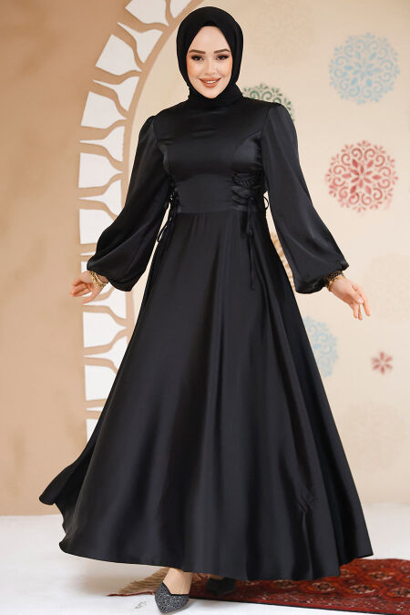 Modest Black Satin Engagement Gown 61501S - NEVA STYLE