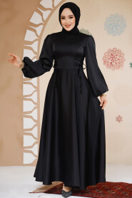 Modest Black Satin Engagement Gown 61501S - 2