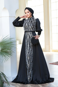 Modest Black Satin Evening Dress 50901S - 3