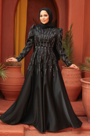 Modest Black Satin Evening Dress 51891S - 2