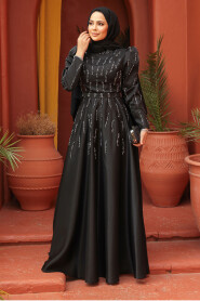 Modest Black Satin Evening Dress 51891S - 1